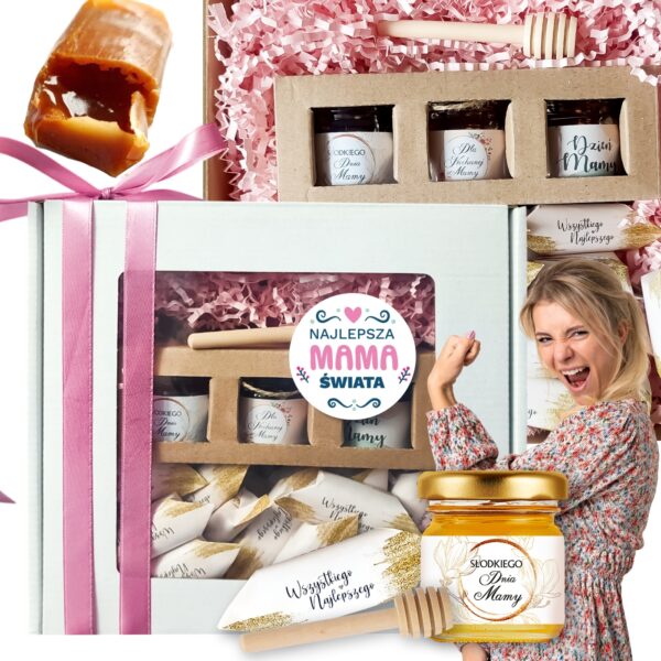 Prezent na Dzień Matki – Miód 3x50 g + Drewniany Nabierak + Krówki 300 g – Gotowy Upominek